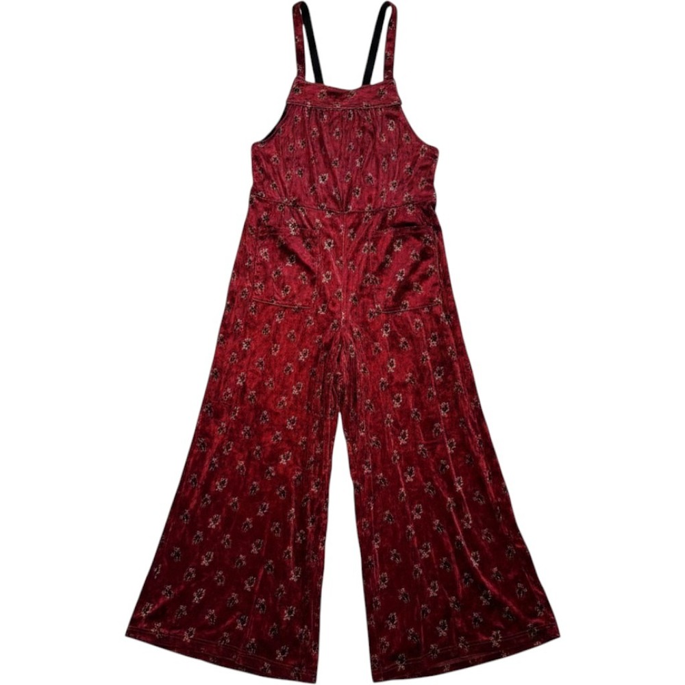 Natural Life Velvet Overalls Burgundy Red Floral Wide Leg Jumpsuit Medium NEW